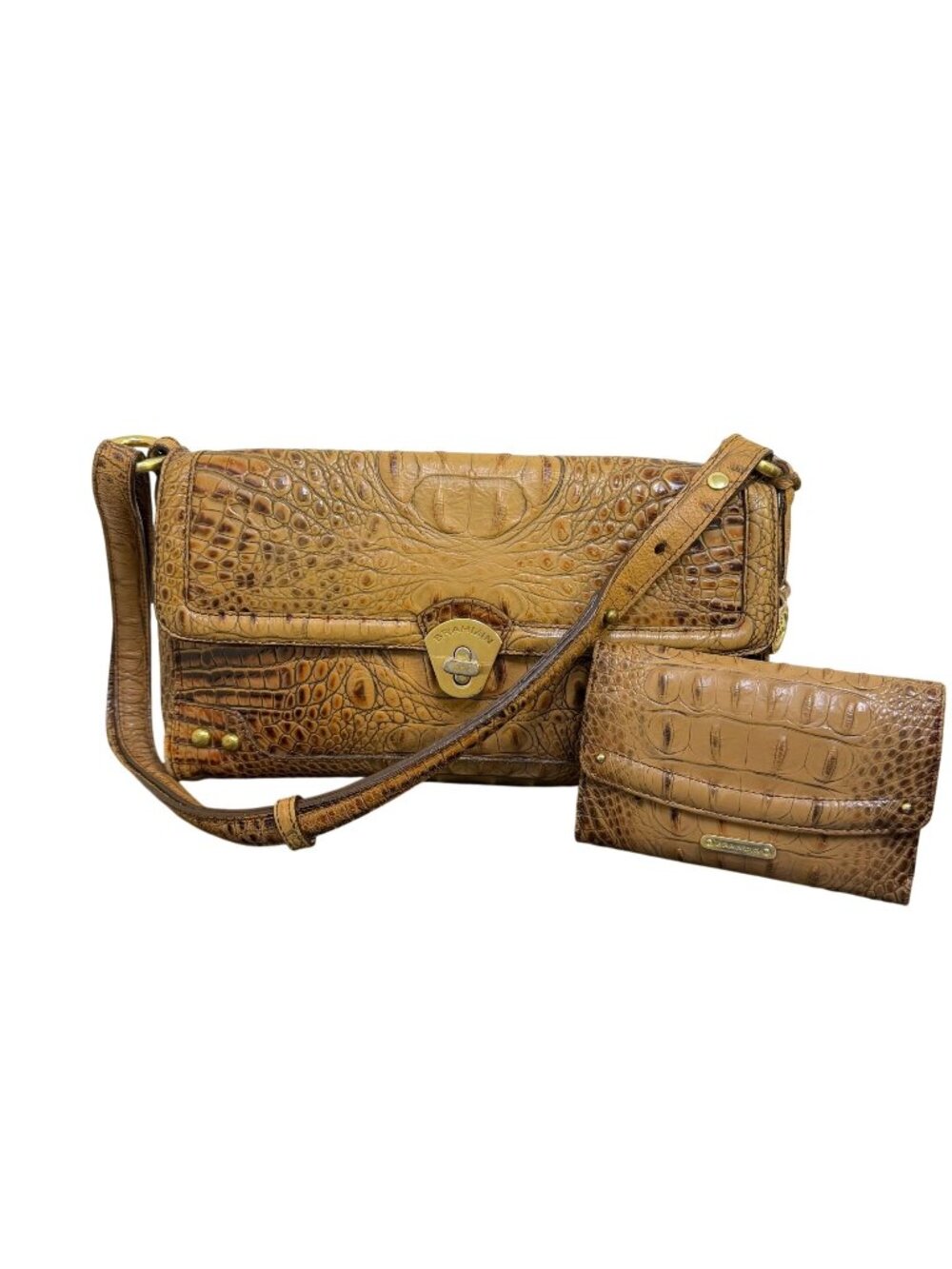 Brahmin Tan Brown Leather Embossed Croc Shoulder Bag & Matching Wallet Set